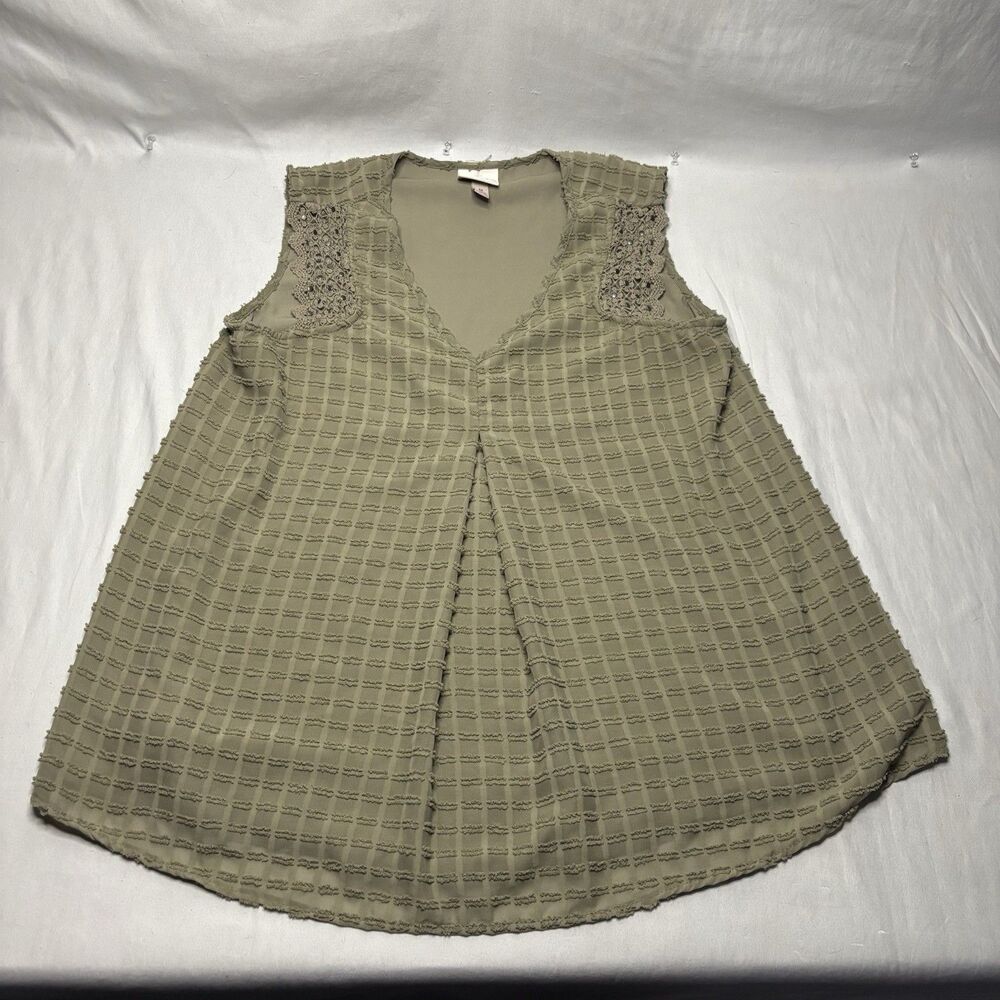 Knox Rose Olive Green Lace Trim Pleated Sleeveless Blouse Women’s Medium